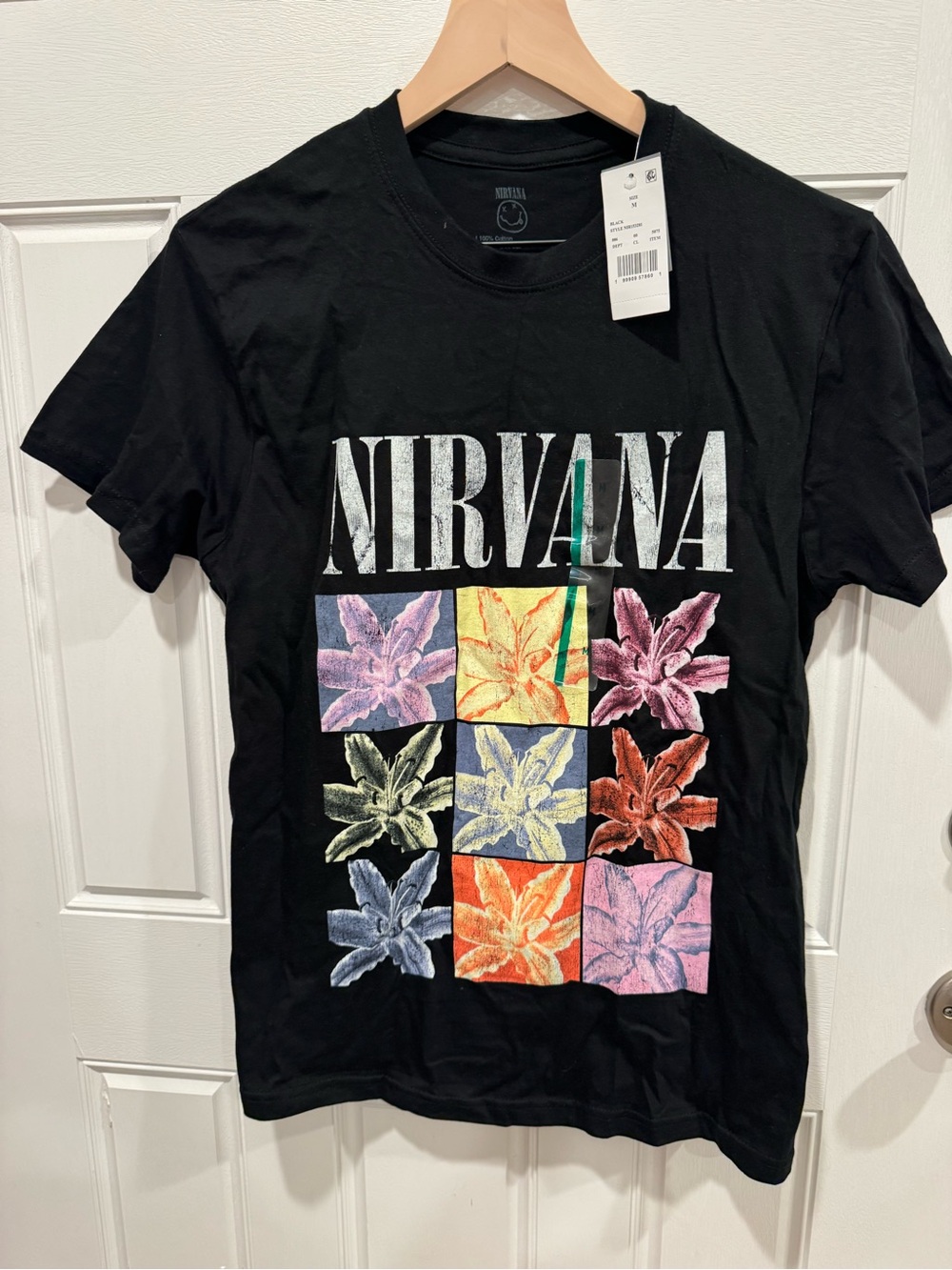 NIRVANA Black Tee with Multicolor Floral Grid
